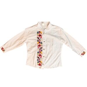 White Embroidered Floral Shirt Women's‎ Size M Long Sleeve Button Up Top